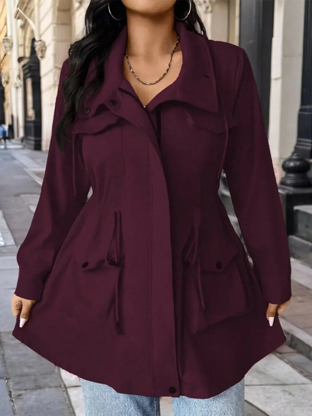 Burgundy Casual Women's Plus Size Hooded Cinched Waist Long Sleeve Jacket - Picture 5 of 6